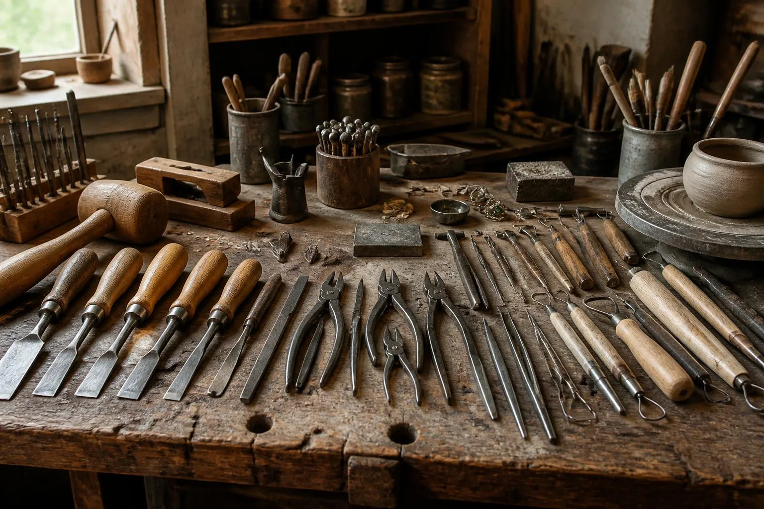 un établi d'artisan avec des outils de plusieurs métiers - ciseaux à bois, pince d'orfèvre, ébauchoir de potier - posés côte à côte