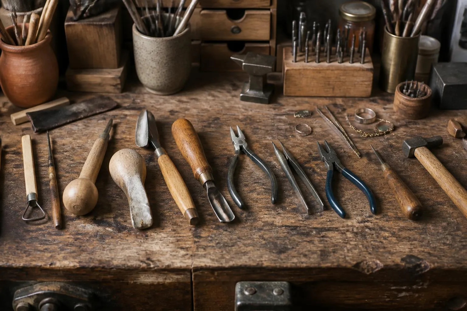 un établi d'atelier avec des outils de plusieurs métiers posés côte à côte - ébauchoir de céramiste, gouge à bois, pince de bijoutier - sur une surface en bois usée